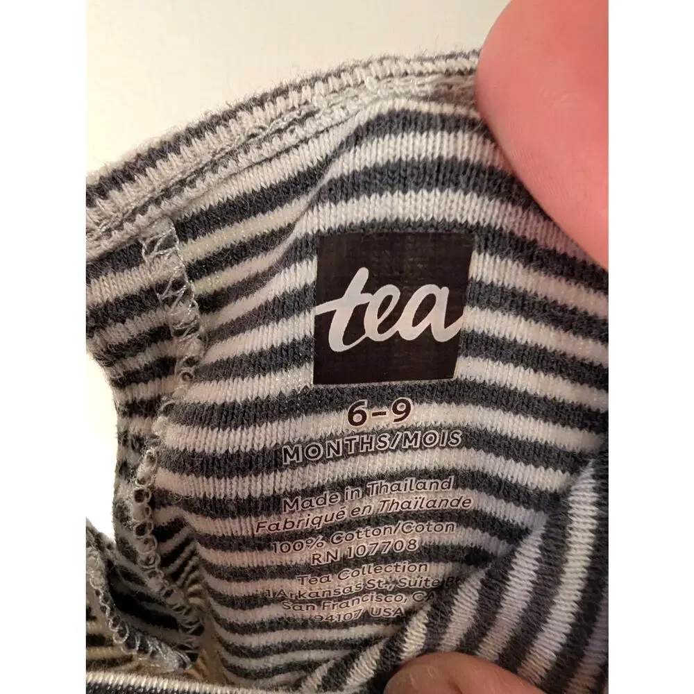 Tea Collection Baby Romper 6-9M Gray Stripe Lemon Print Long Sleeve Cotton